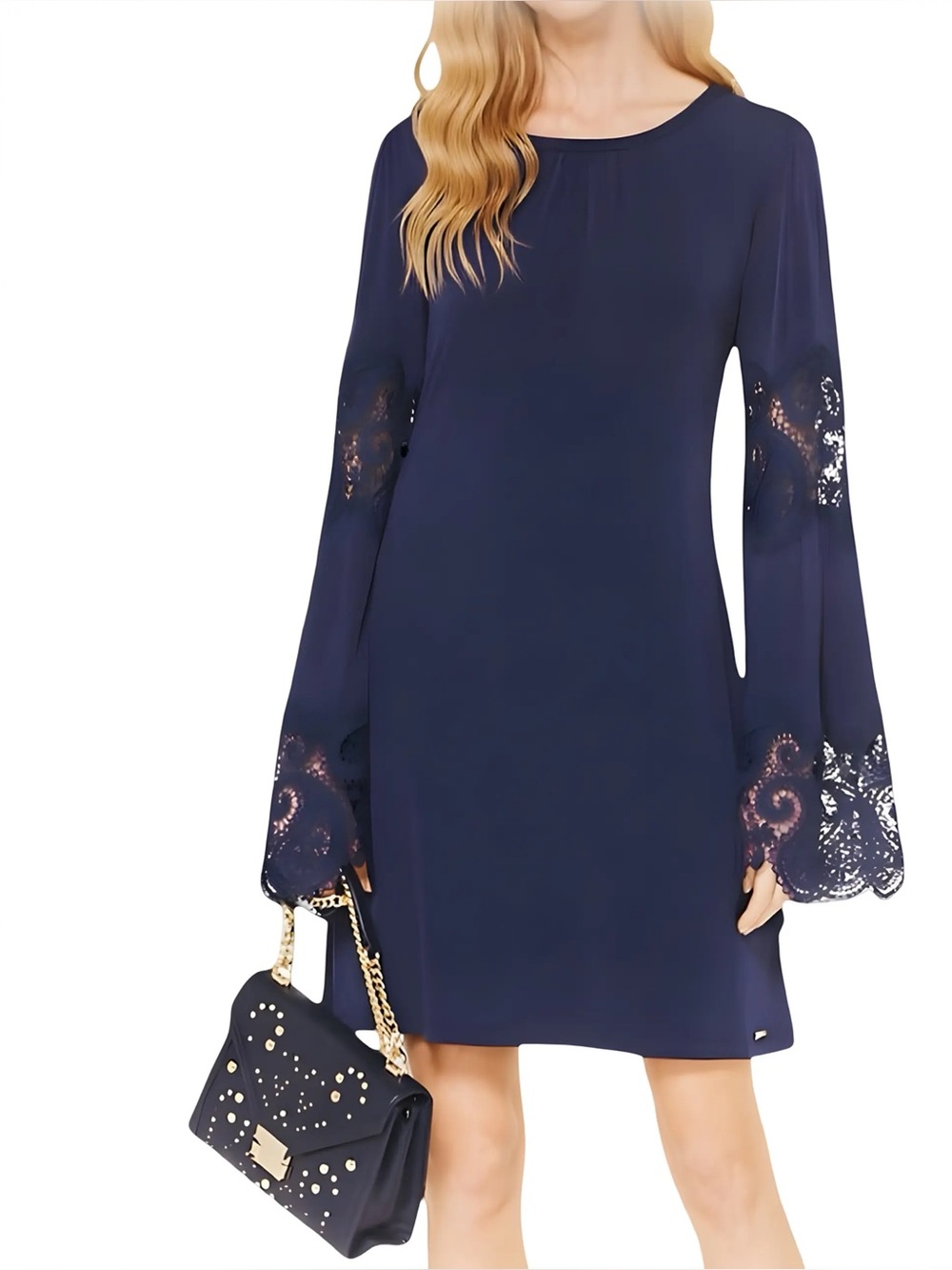 Michael Kors Navy Long Sleeve Shift Dress with Lace Details and Bell Sleeves
